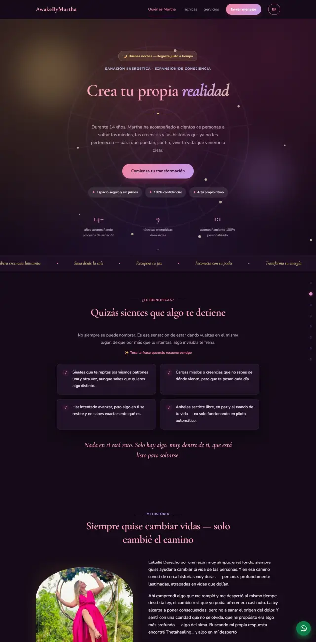 Recorrido completo del sitio de AwakeByMartha, de la primera pantalla al pie
