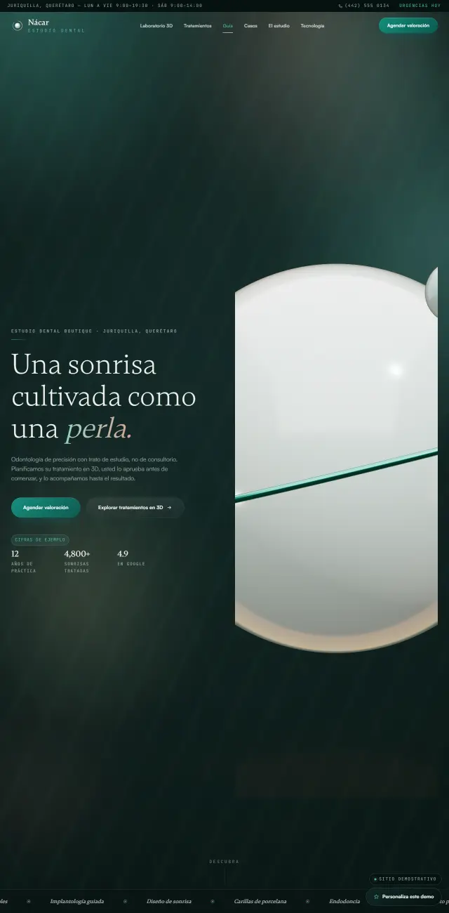 Recorrido completo del sitio de Nácar Estudio Dental, de la primera pantalla al pie